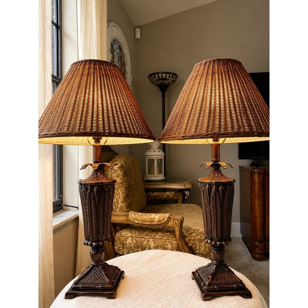 Pair Tropical Palm Tree Table Lamps Wicker Shades Coastal Island palm beach